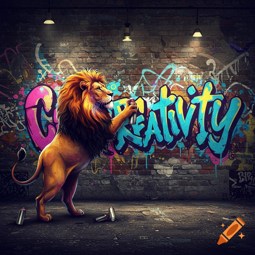 A stylized lion spray painting the word 'CREATIVITY' onto a graffiti-covered brick wall.