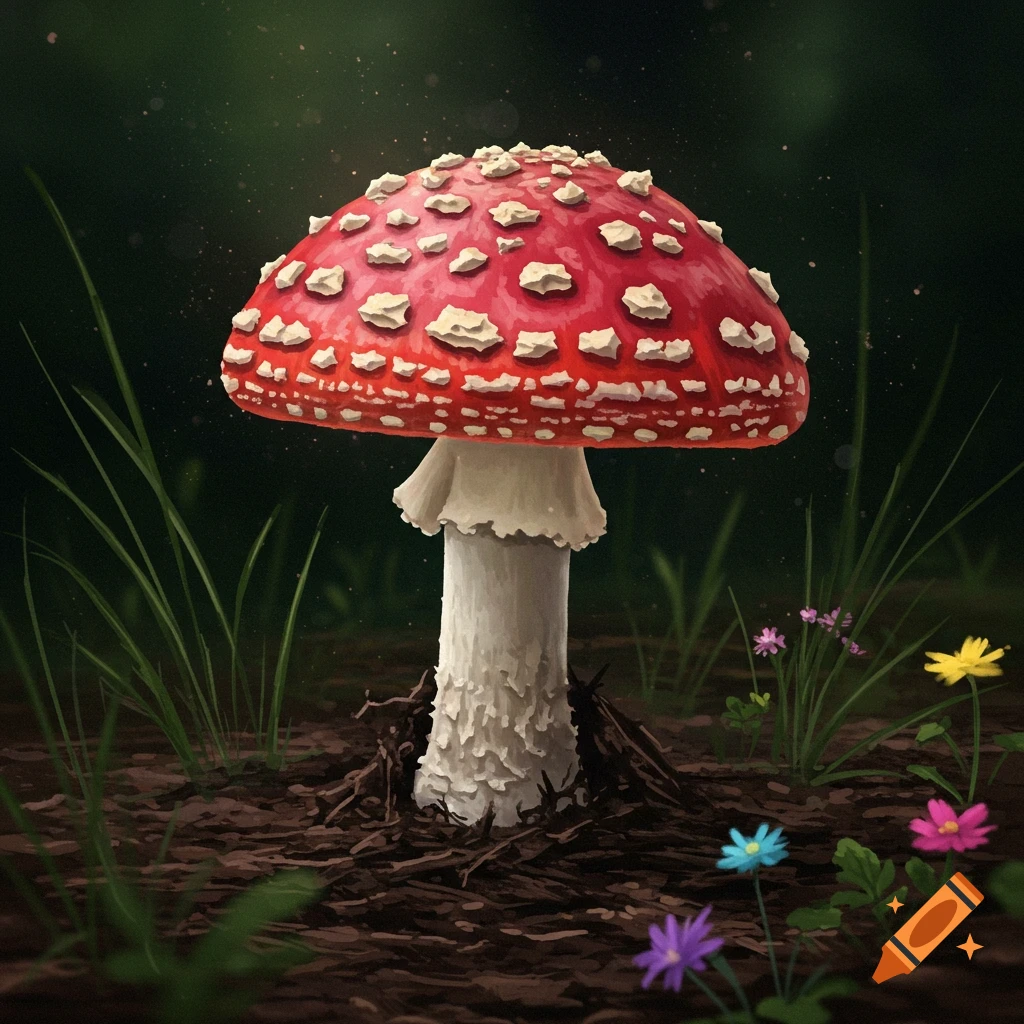 A red and white fly agaric mushroom sits among grass and flowers on the forest floor.