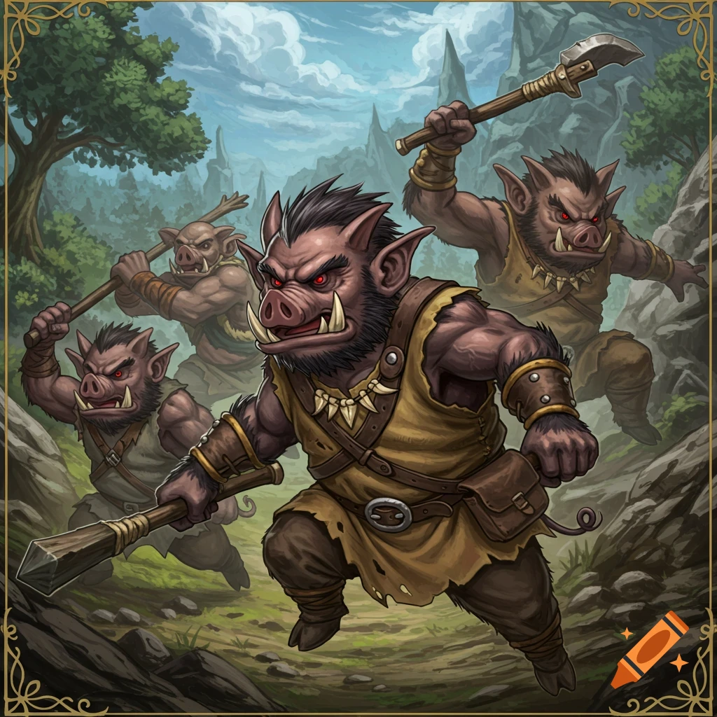 Fantasy illustration of pig-like orcs charging with weapons through a forest.