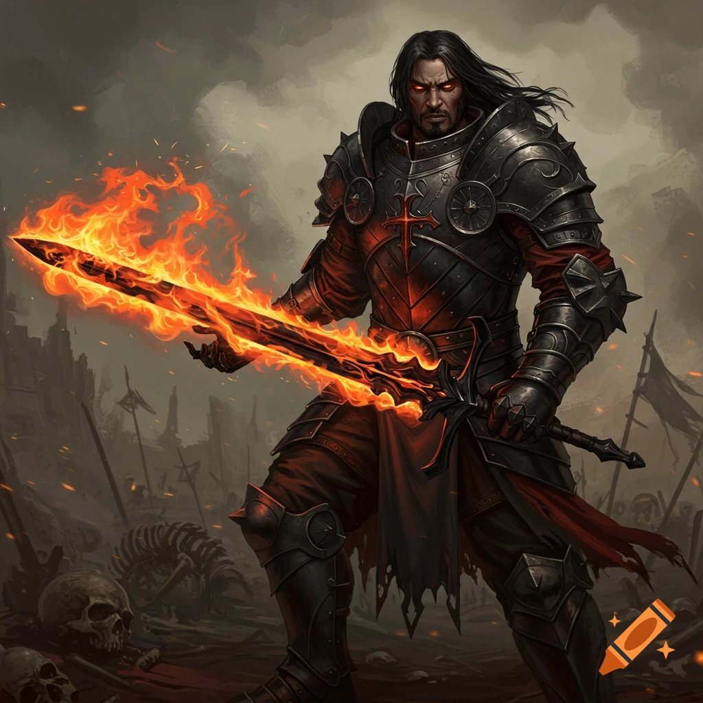 A dark warrior holding a flaming sword on a battlefield with skulls.