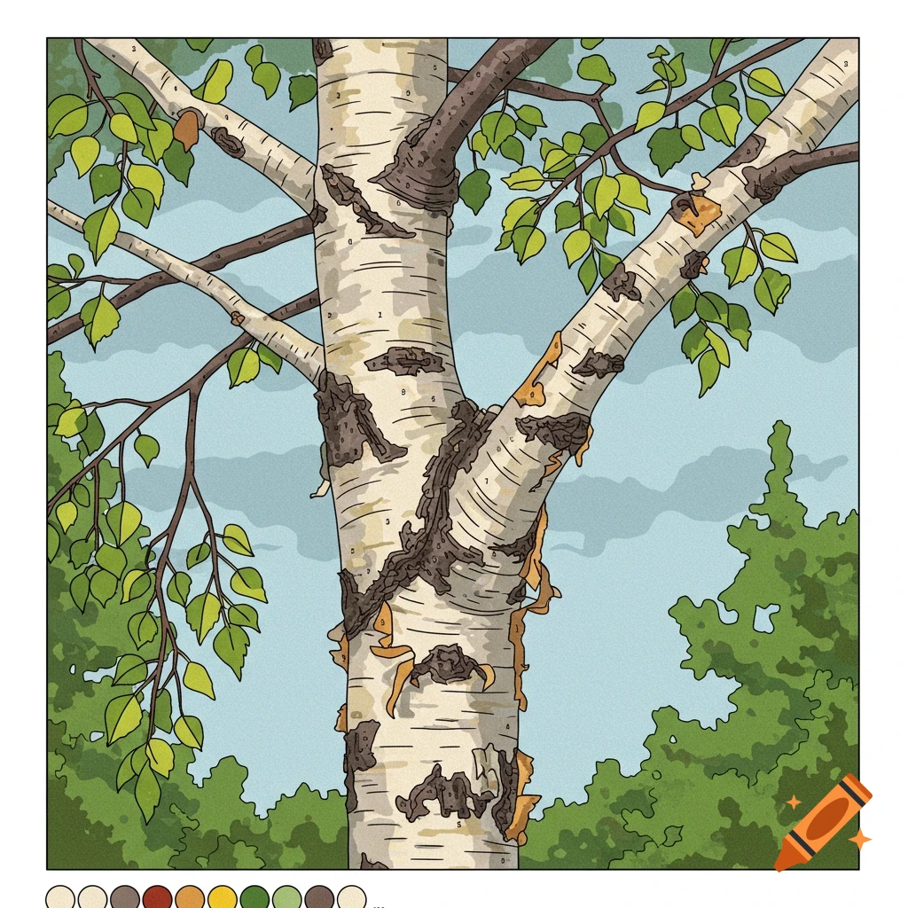 Color by number illustration of a tree trunk and branches with leaves, against a sky background.