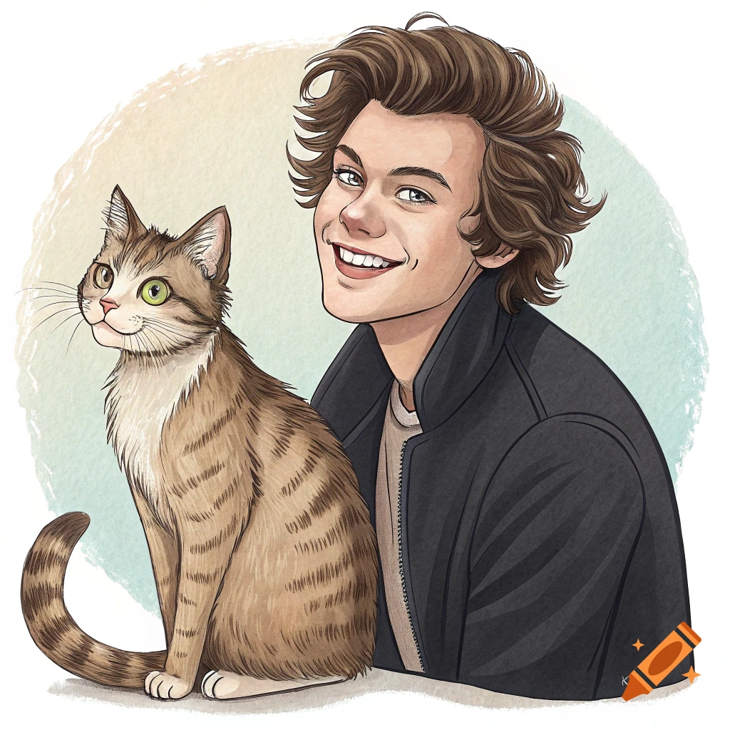 Illustration of a young man smiling next to a tabby cat.
