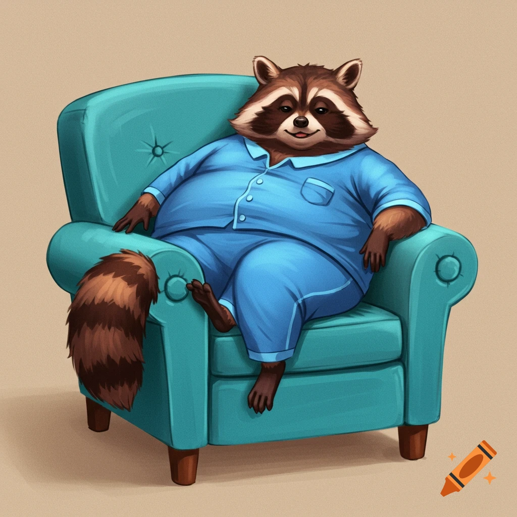 A fat raccoon in blue pajamas sitting in a teal armchair.
