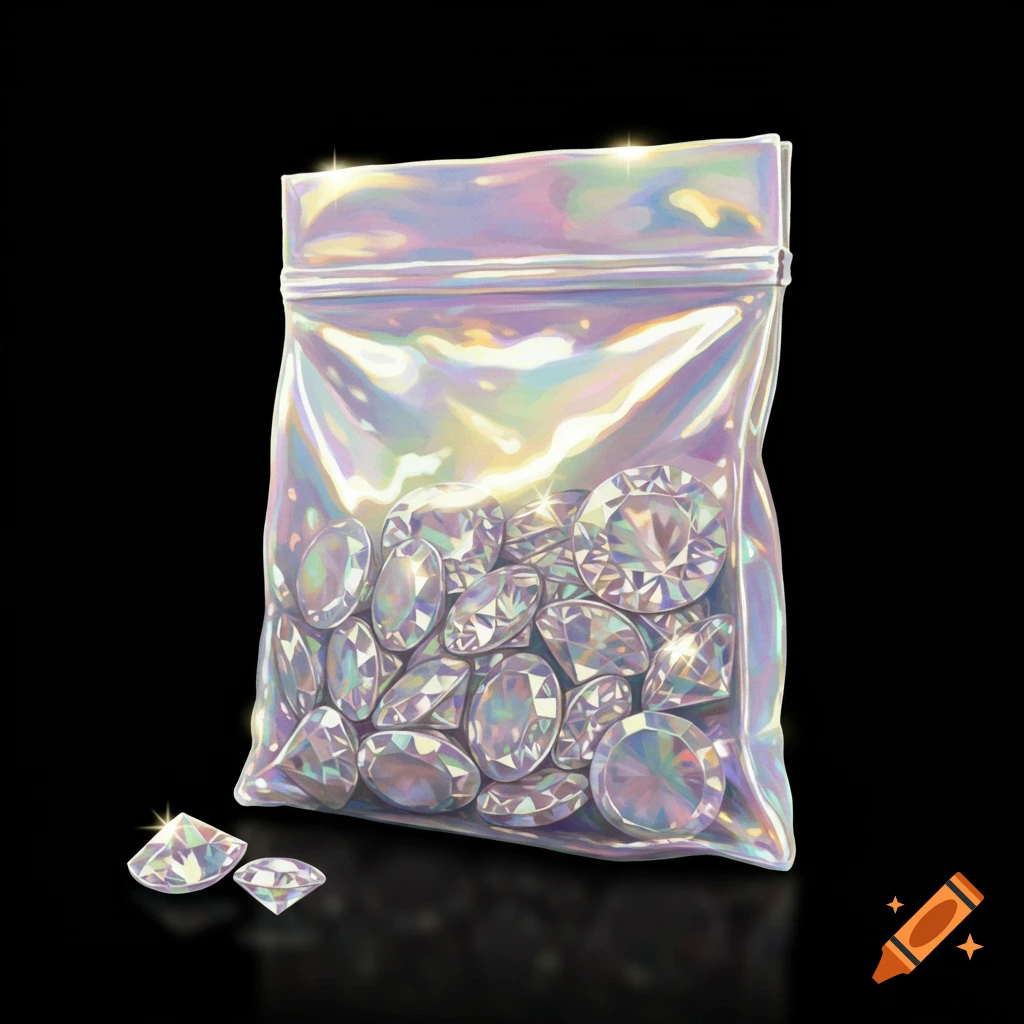 Many faceted diamonds inside an iridescent plastic bag