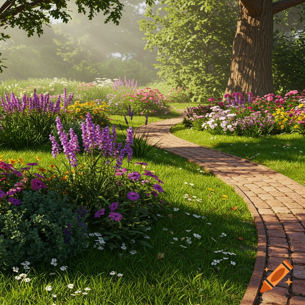 A winding brick path through a lush garden filled with colorful flowers and greenery under dappled sunlight.