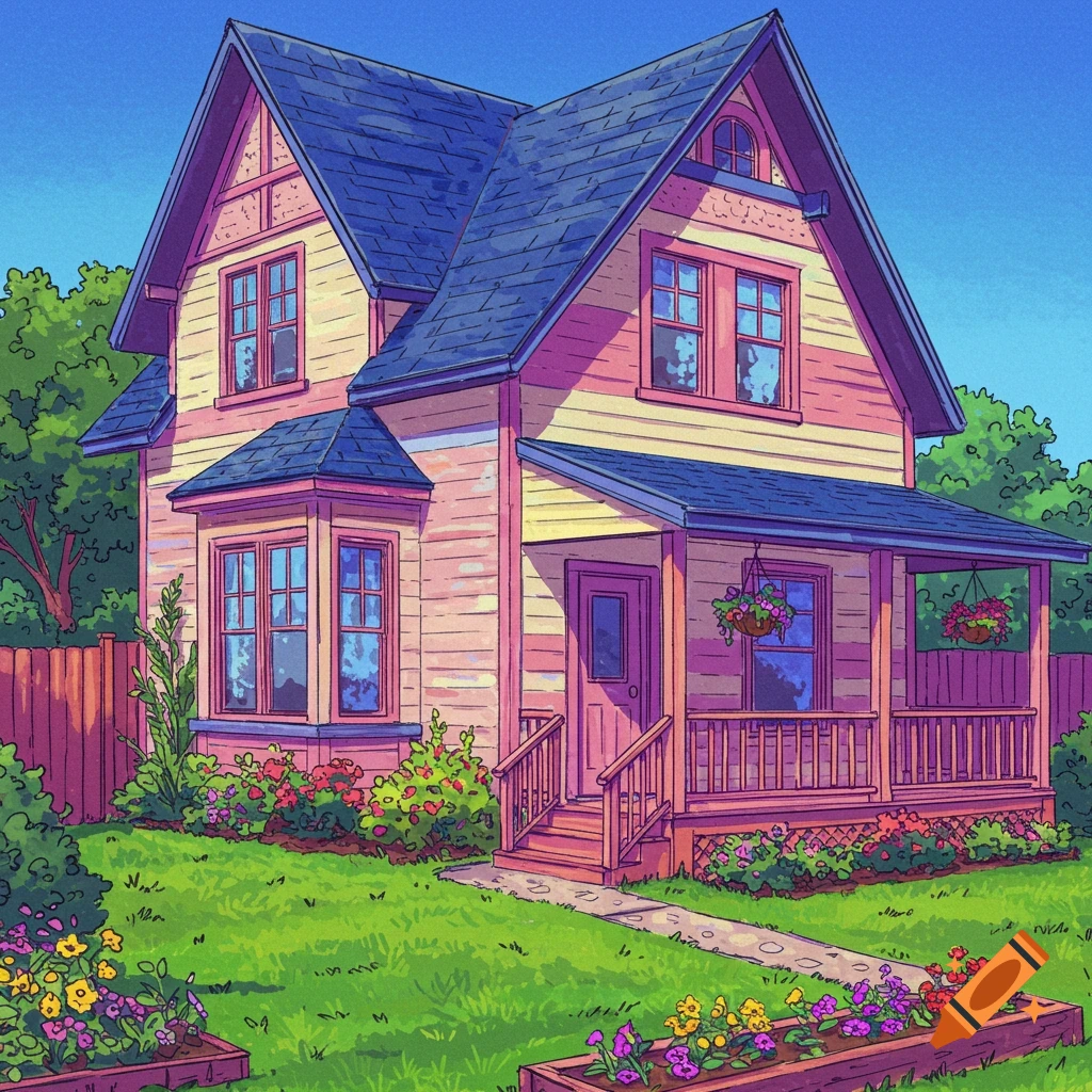 A colorful cartoon-style house with a porch and garden