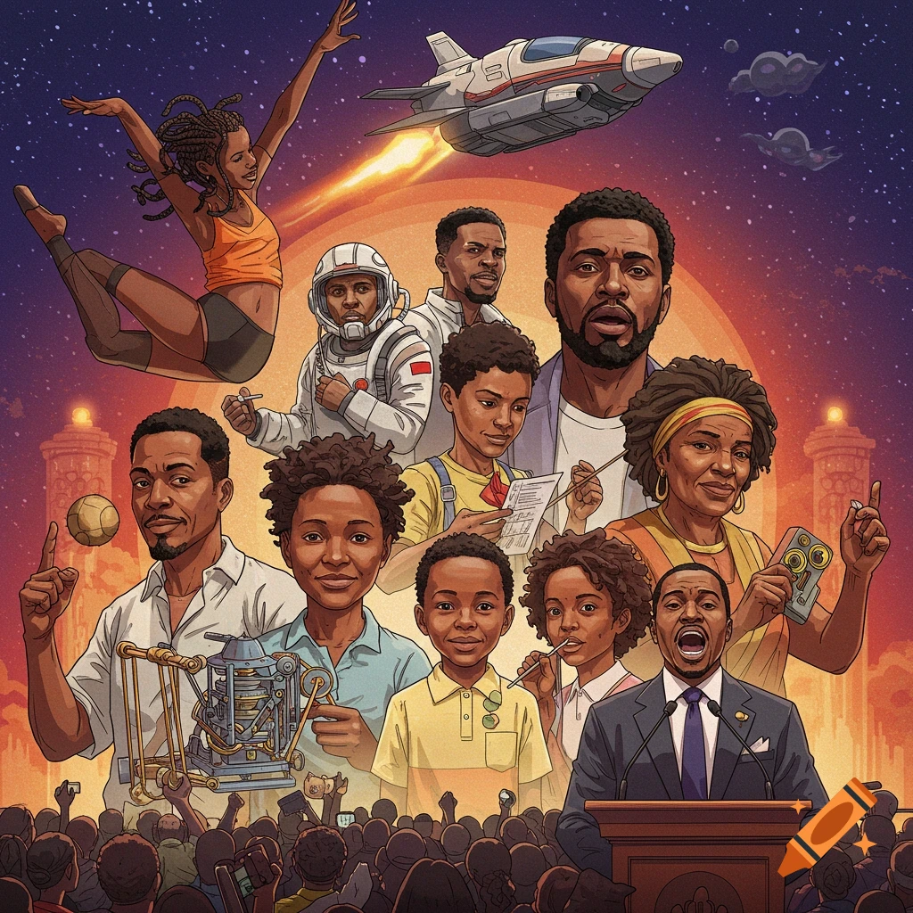 A group of diverse Black people are depicted against a space backdrop. They are portrayed as an astronaut, a dancer, a scientist, and a speaker.