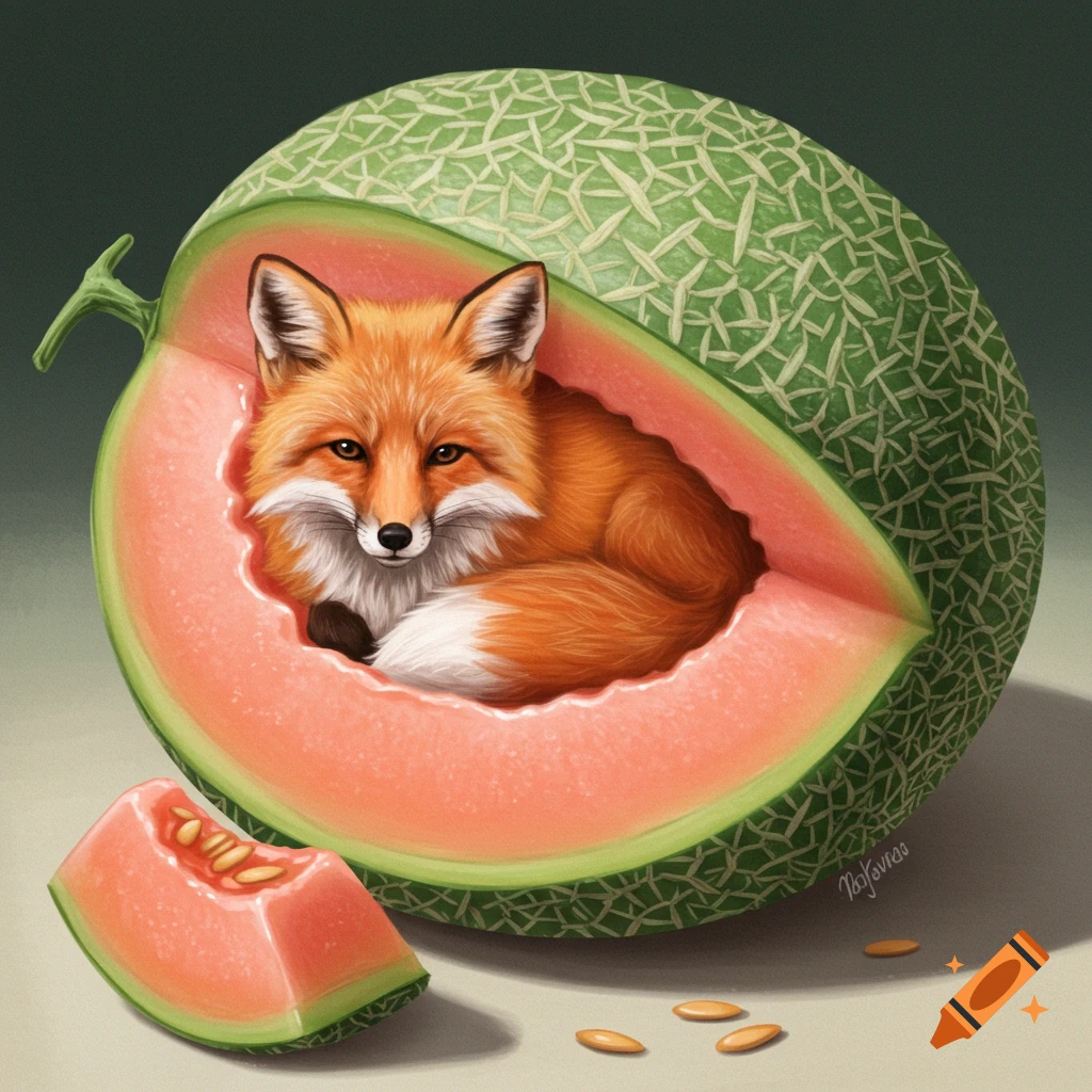 A small fox curled up inside a halved cantaloupe, with a slice and seeds nearby.