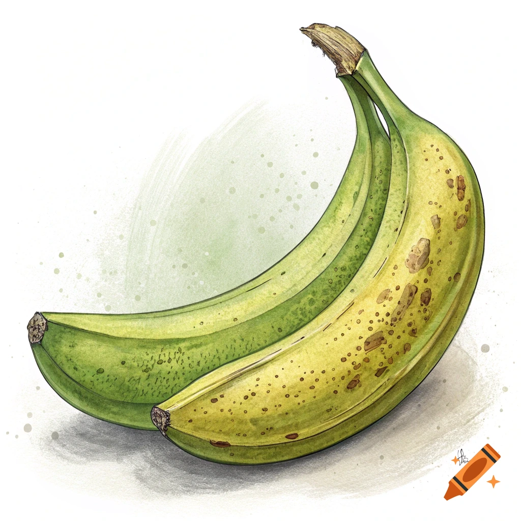 Watercolor illustration of two bananas, one green, one yellowing