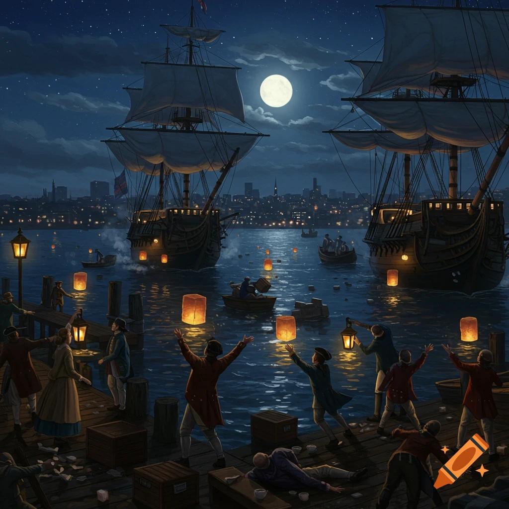 A crowd throws crates from a dock into the water next to large ships under a full moon at night.