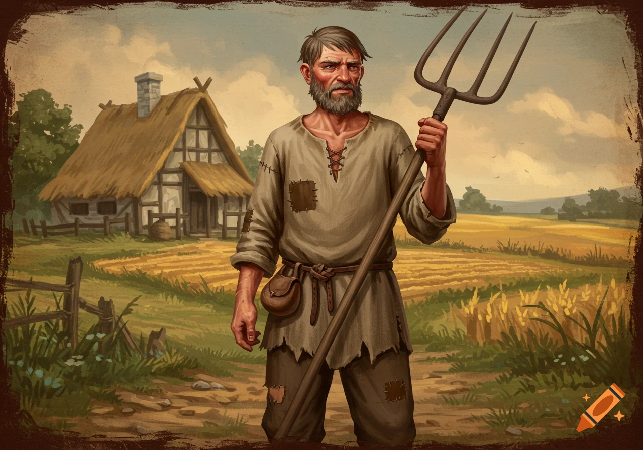 A medieval peasant farmer stands with a pitchfork in front of a thatched house and grain field.