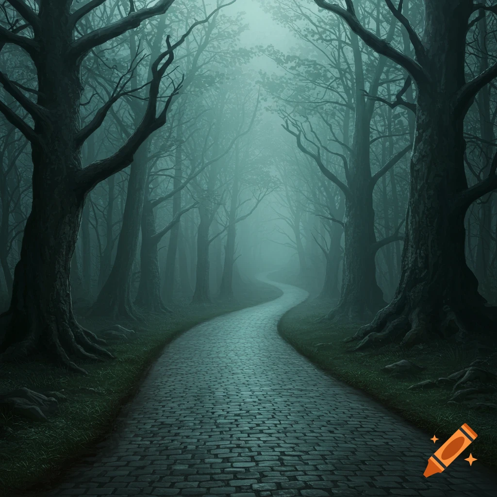 A winding cobblestone path leads through a dark, foggy forest.