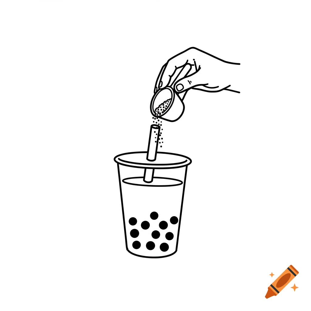 Black and white line drawing of a hand pouring powder into a bubble tea cup.