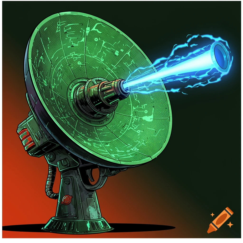 Digital illustration of a green radar dish emitting a blue beam