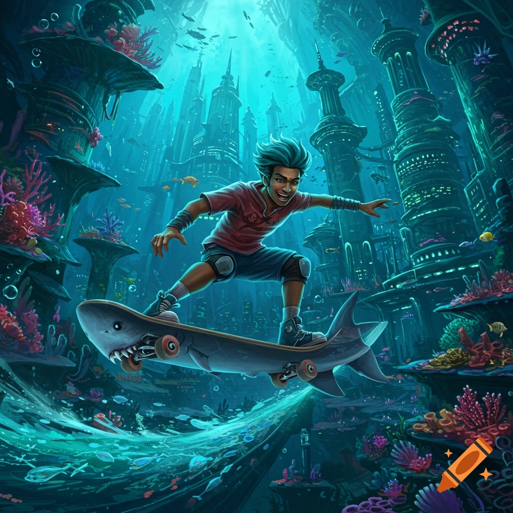 A boy rides a shark-shaped skateboard in a vibrant underwater city.
