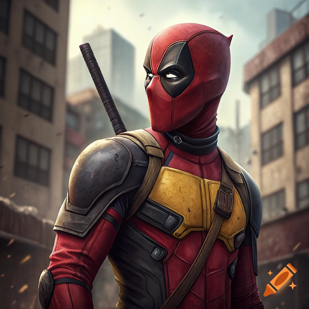 Deadpool in red and black suit stands in a city street