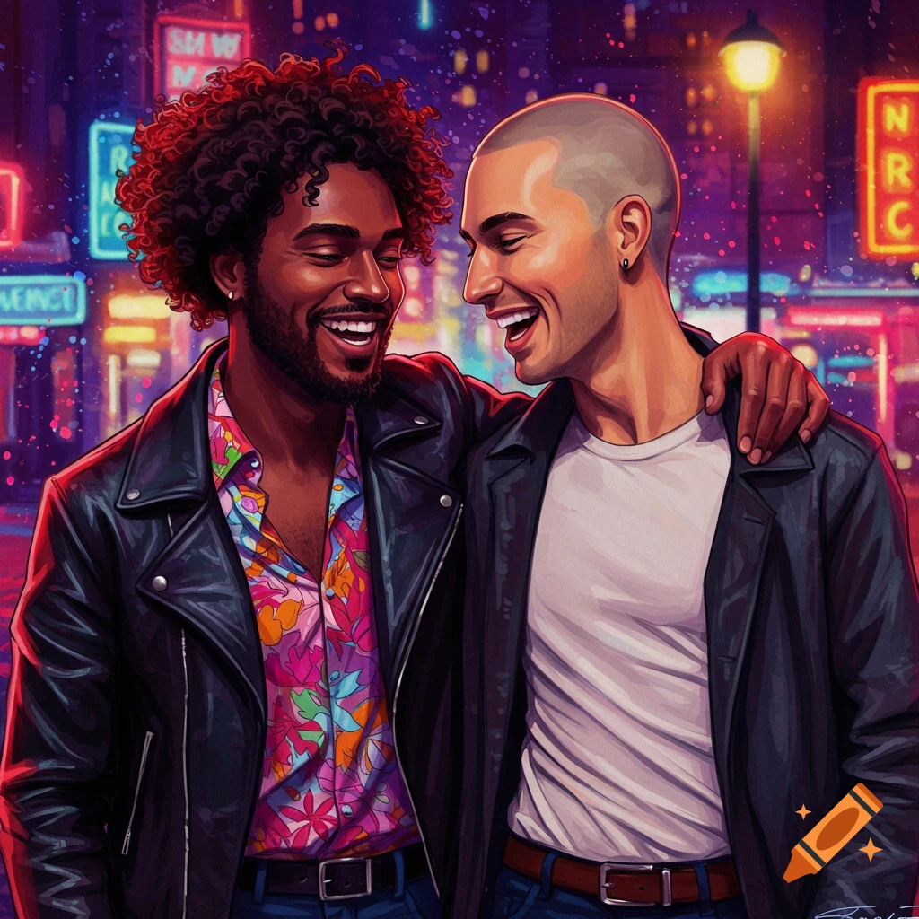 Two men are embracing and laughing on a neon-lit city street at night.