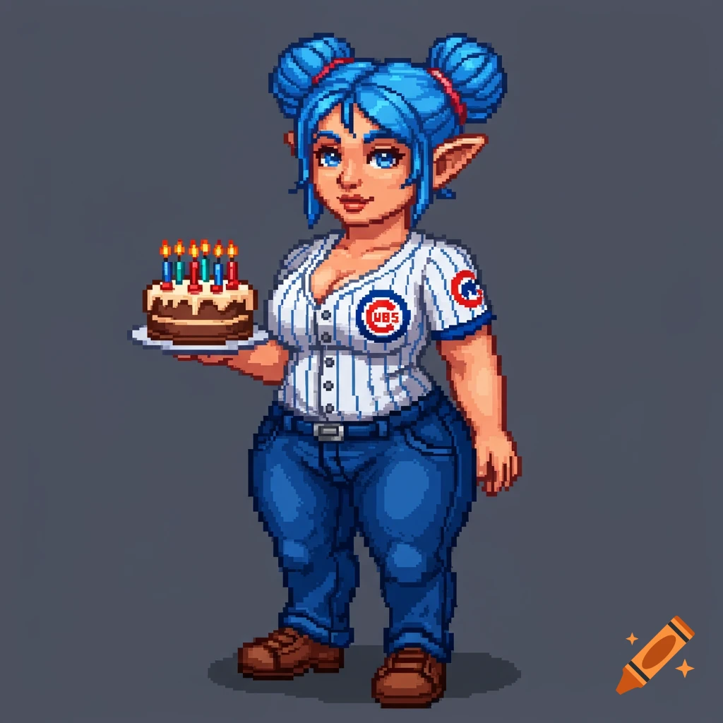 SNES-style pixel art of a fantasy woman in a Cubs jersey holding a birthday cake.