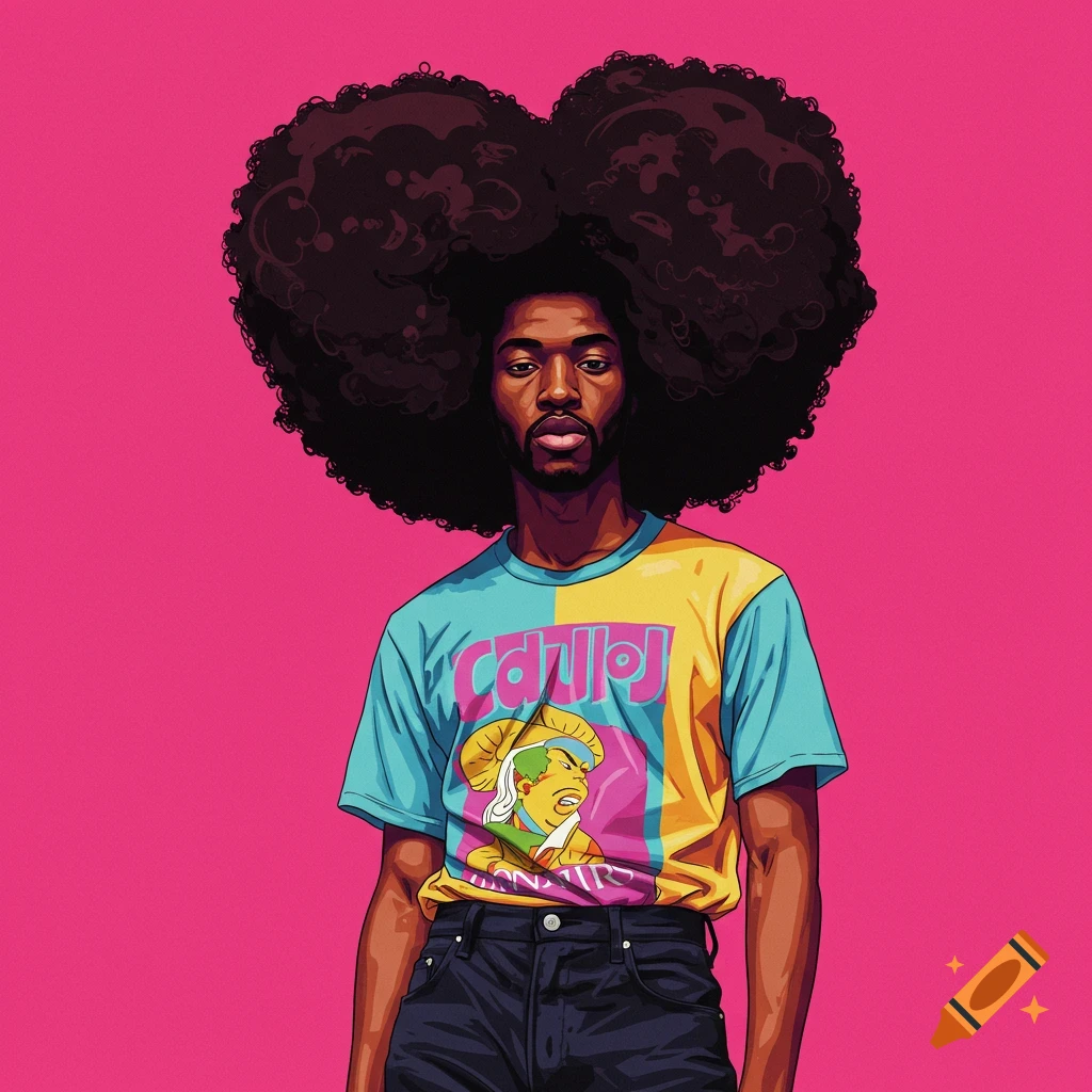 A Black man with a very large afro, wearing a colorful shirt, against a pink background.