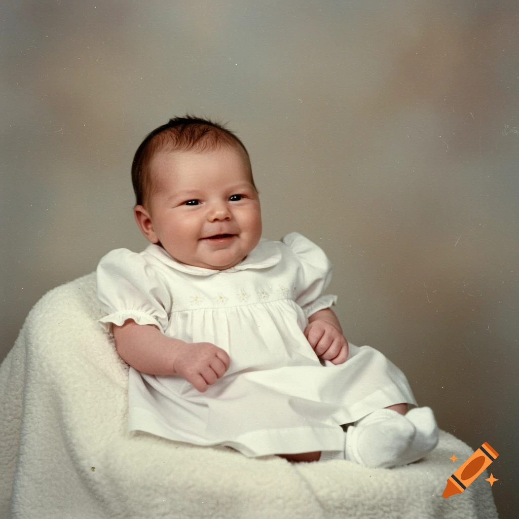Vintage photo of a baby in a white dress smiling against a studio backdrop.