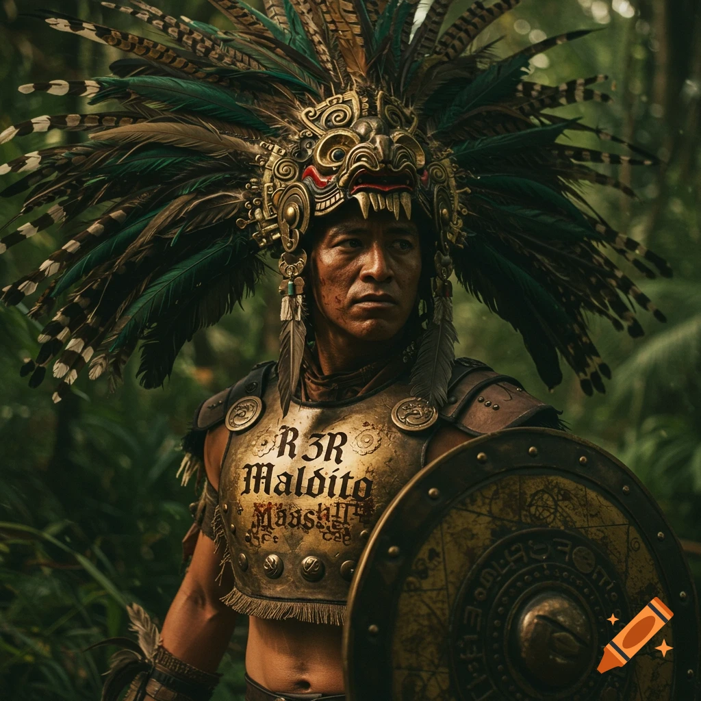 Portrait of an Aztec warrior in elaborate feathered headdress and golden armor in a forest setting.