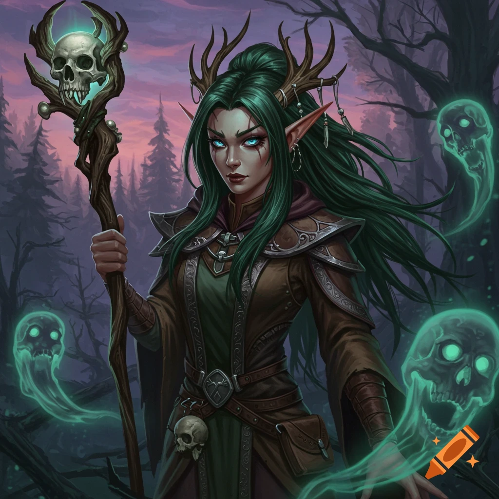 A wood elf necromancer holding a skull staff, surrounded by glowing green skulls in a forest.