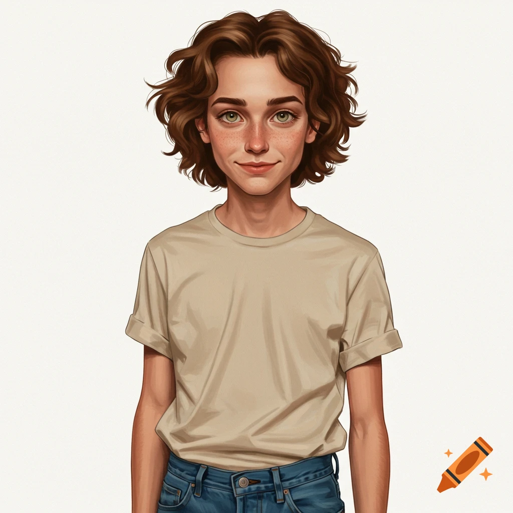 A young person with short curly brown hair, green eyes, and freckles wearing a t-shirt and jeans.