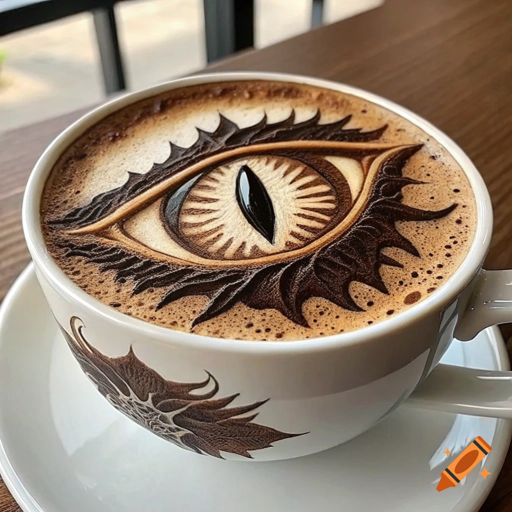 Detailed coffee foam art depicting a dragon or fantasy eye in a white mug.