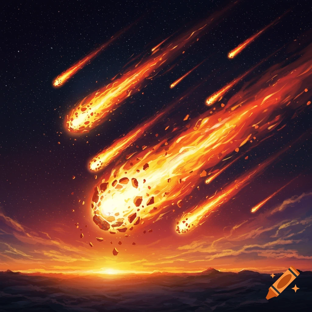 Meteors falling from a starry sky over a landscape at sunset.
