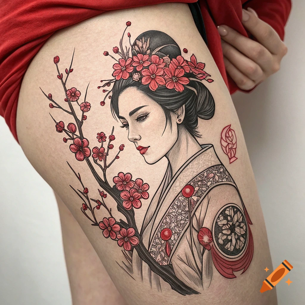 A detailed black and red ink tattoo design on a thigh, featuring a woman in traditional attire with plum blossoms.