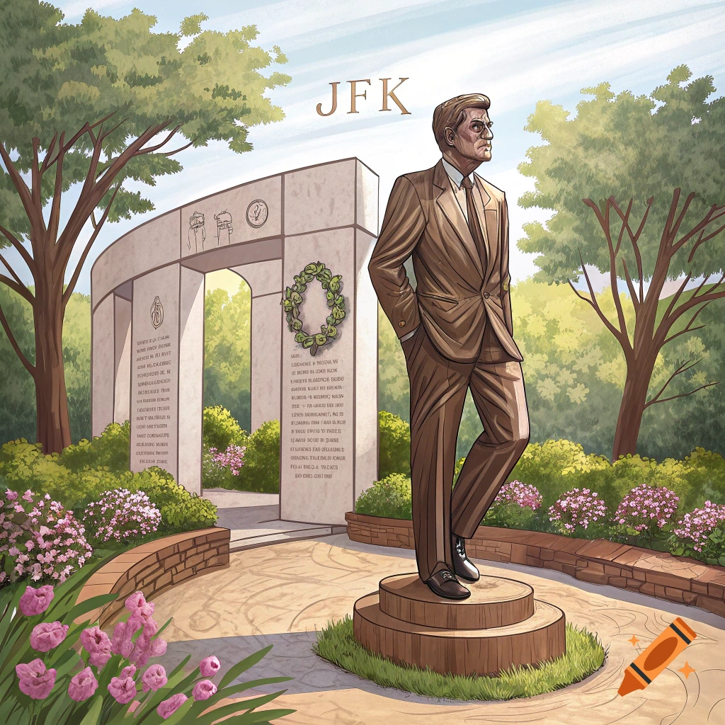 Illustration of a statue of JFK at a monument in a park