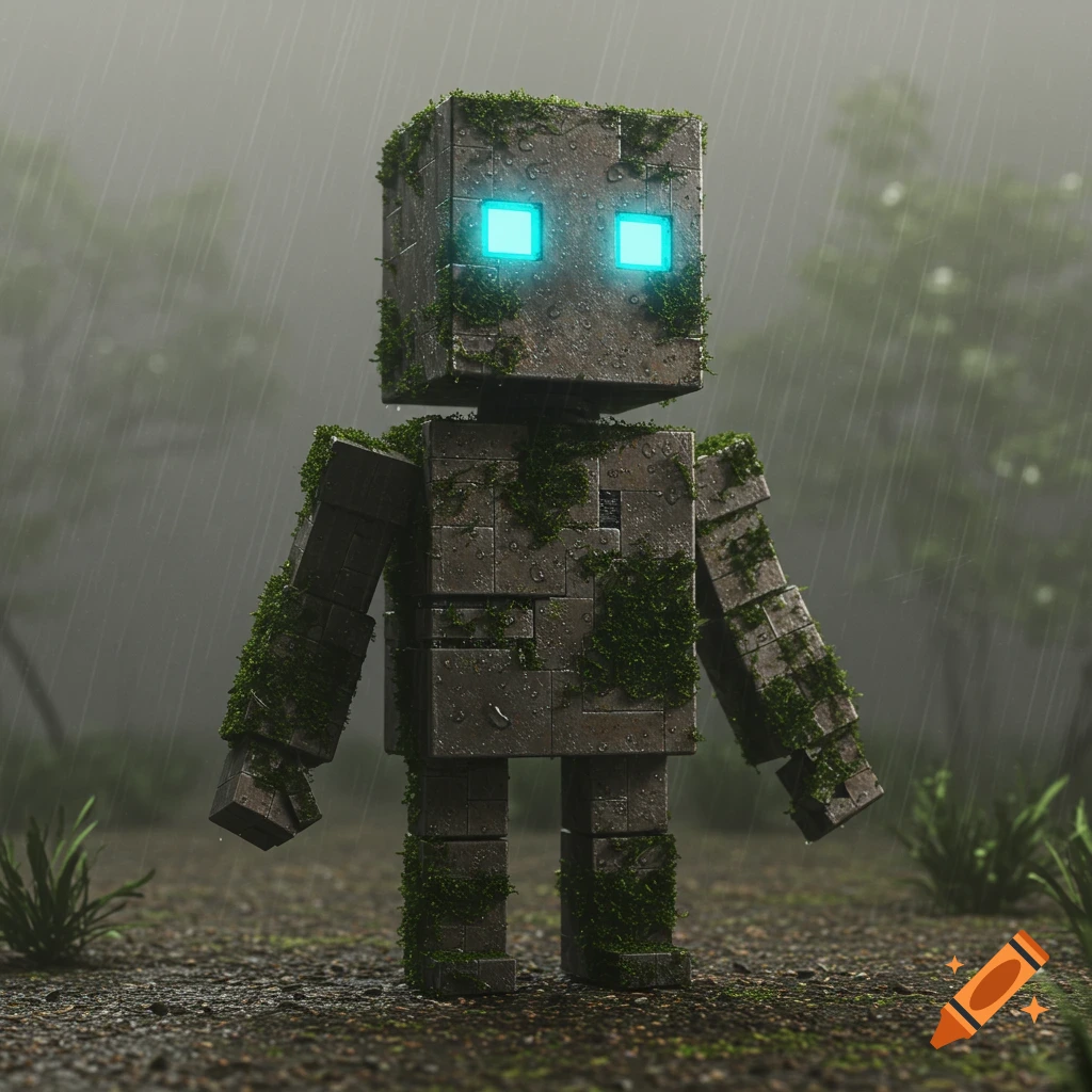 A blocky, moss-covered robot with glowing blue eyes stands in the rain in a forest clearing.