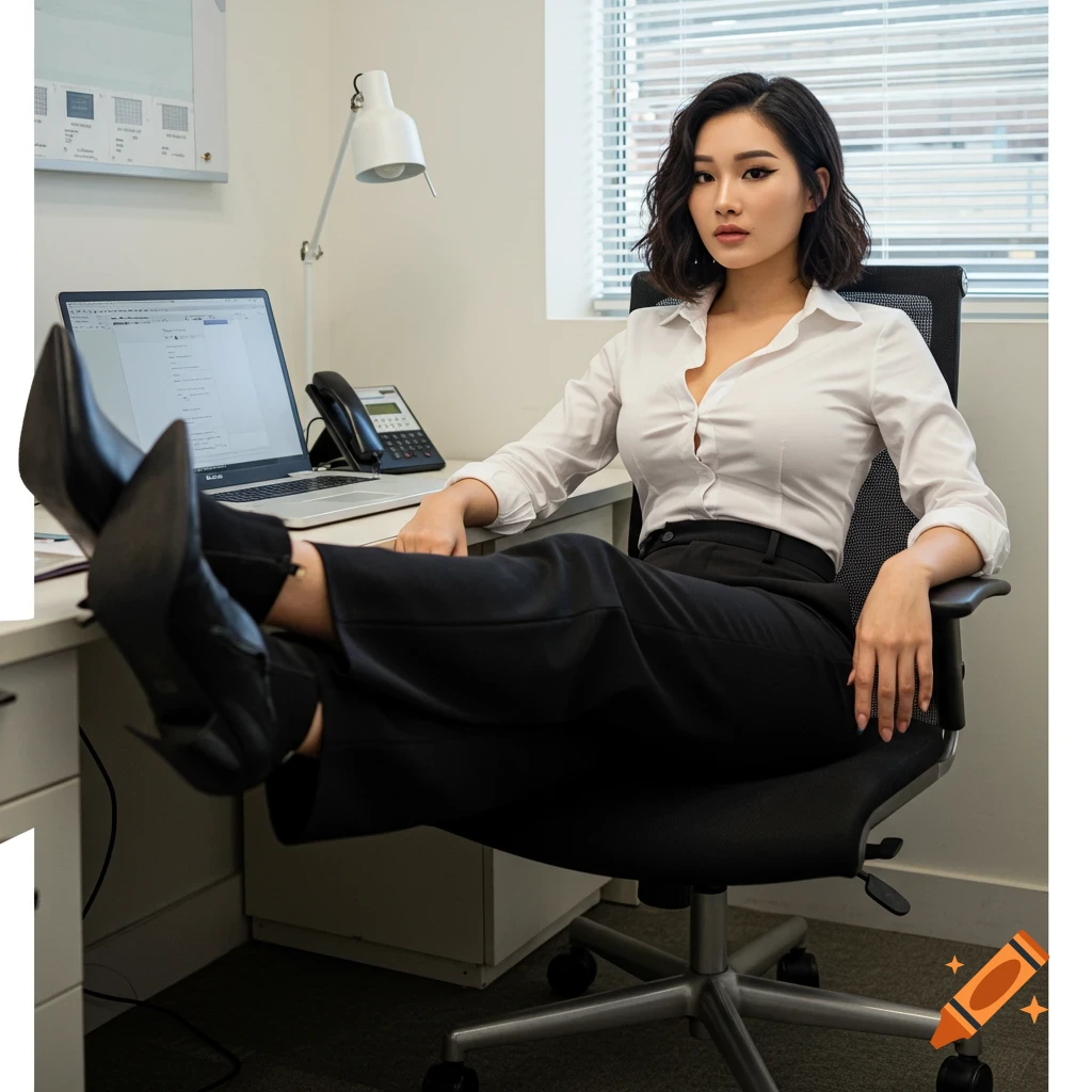 A woman in a white shirt and black pants sits at an office desk with her feet up.
