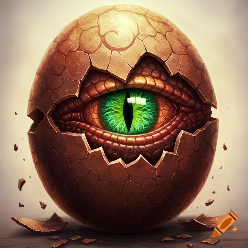 A cracking dragon egg reveals a bright green eye peeking out.