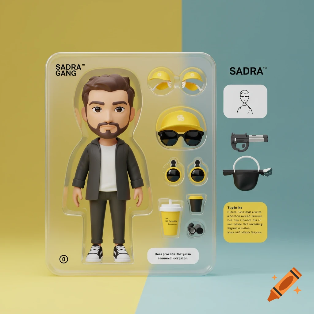 A 3D render of a Sadra Gang collectible action figure in packaging with accessories, including a hat, sunglasses, bag, gun accessory, and coffee cup.