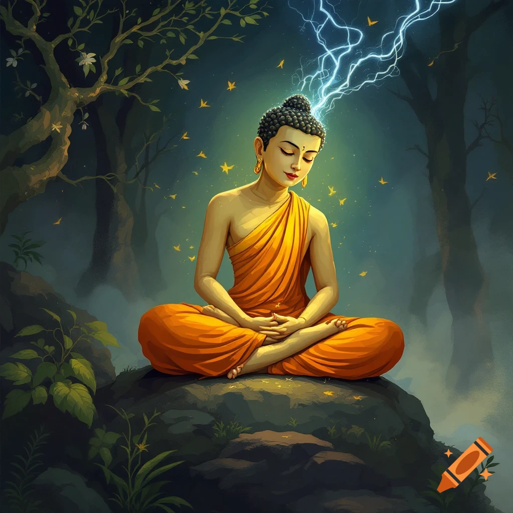 A figure resembling Buddha meditates on a rock in a forest with lightning above the head.