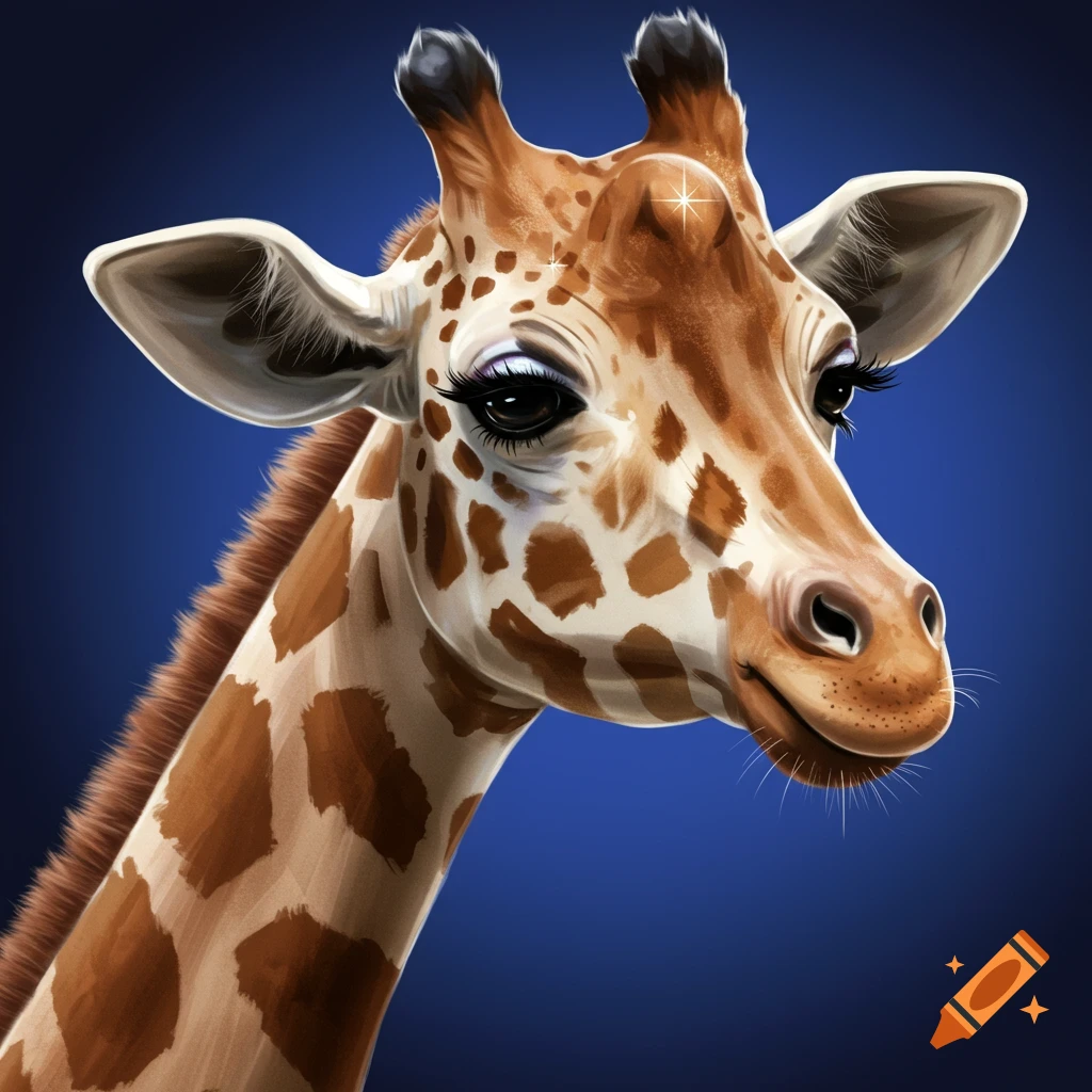 A close-up of a giraffe's head wearing makeup, against a blue background.