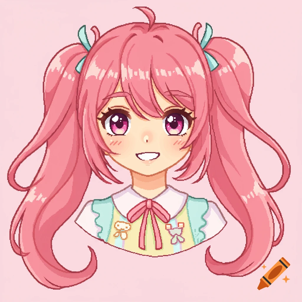 Pixel art anime girl with pink pigtails and pink eyes