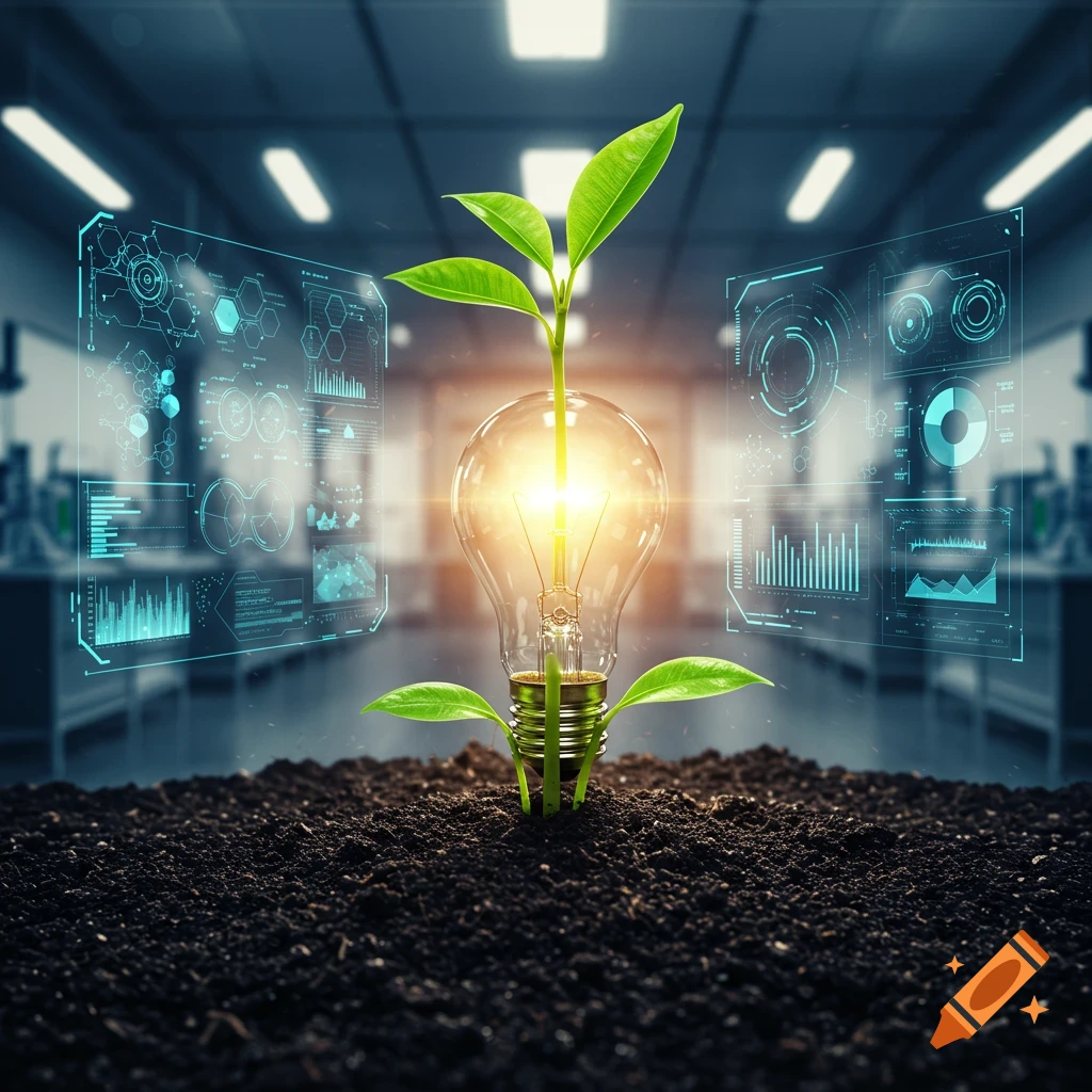 A glowing lightbulb with leaves growing from soil in a futuristic lab with holographic screens.