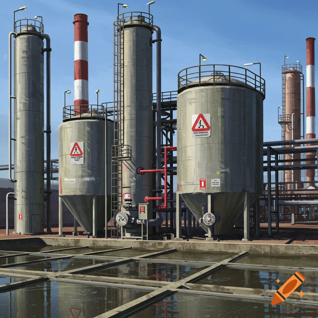 An industrial plant with large tanks, pipes, and water pools.