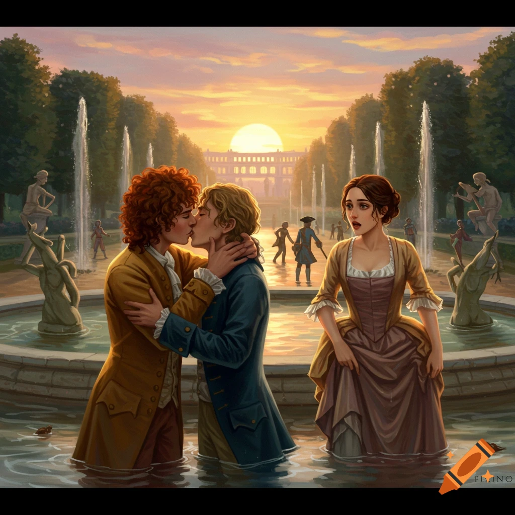 Two men kiss in a fountain, watched by a woman, in a French historical garden at sunrise.