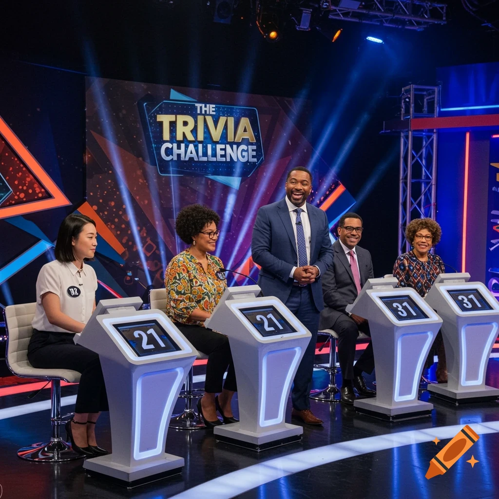 Game show host and contestants on a stage with 'The Trivia Challenge' screen.