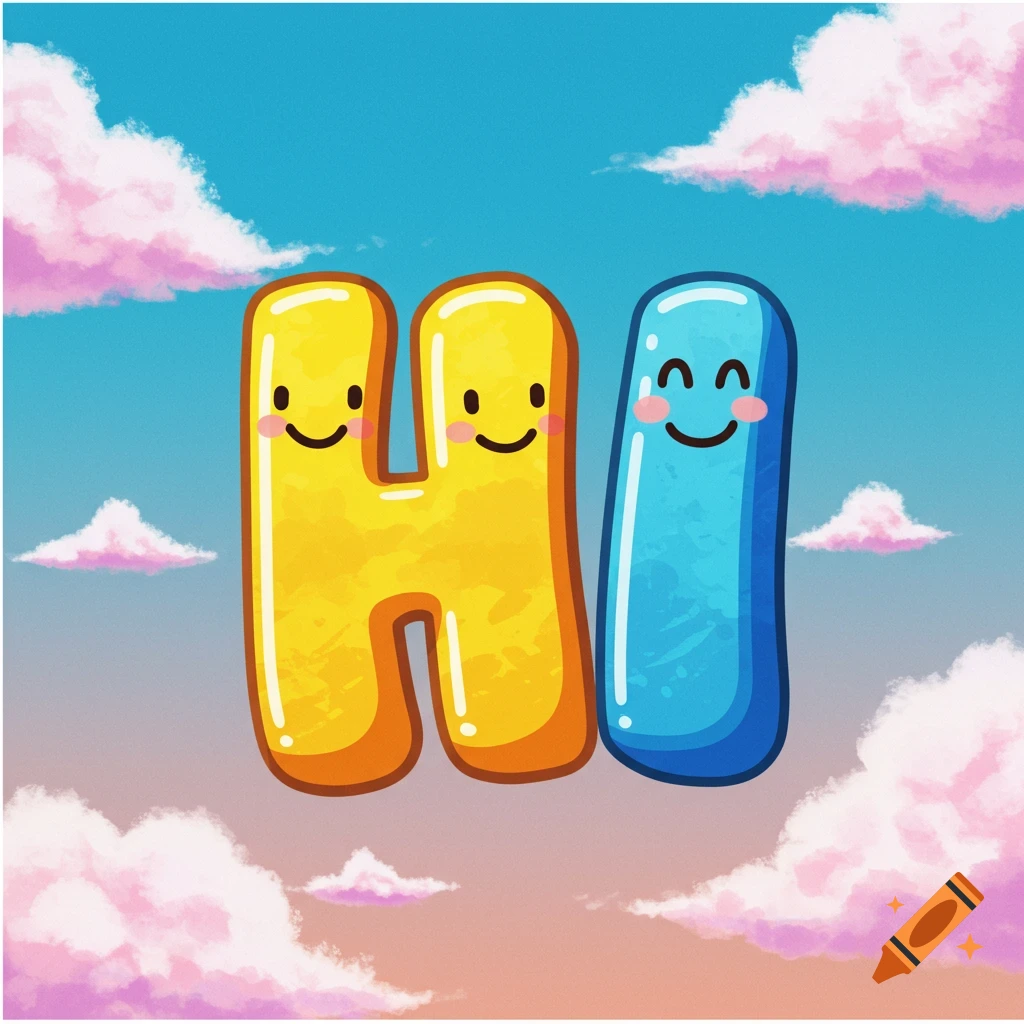 Cartoonish yellow and blue letters "HI" with faces float in a sky with pink clouds.