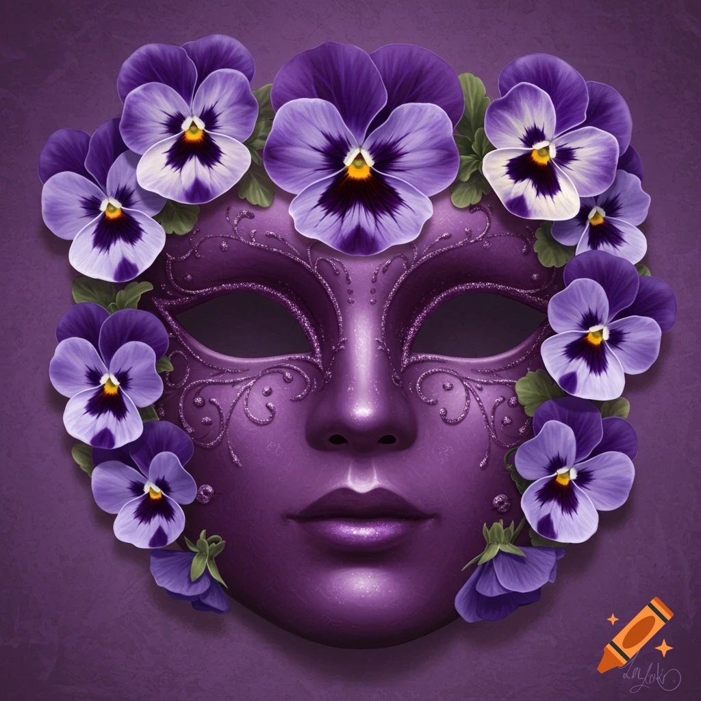 A purple masquerade mask is decorated with vibrant purple viola flowers against a textured purple background.