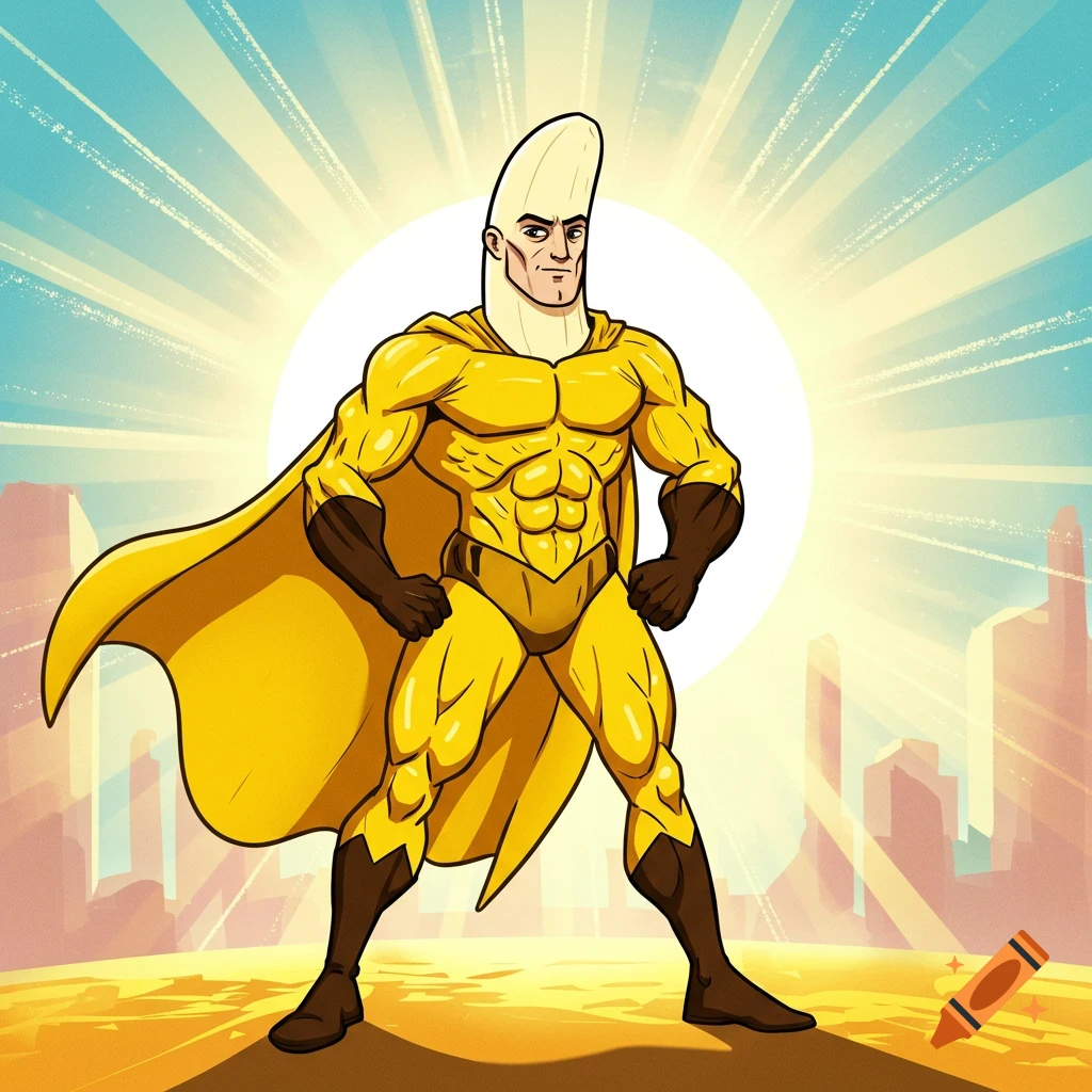 A muscular banana superhero in a yellow costume and cape stands in front of a bright sun and cityscape.
