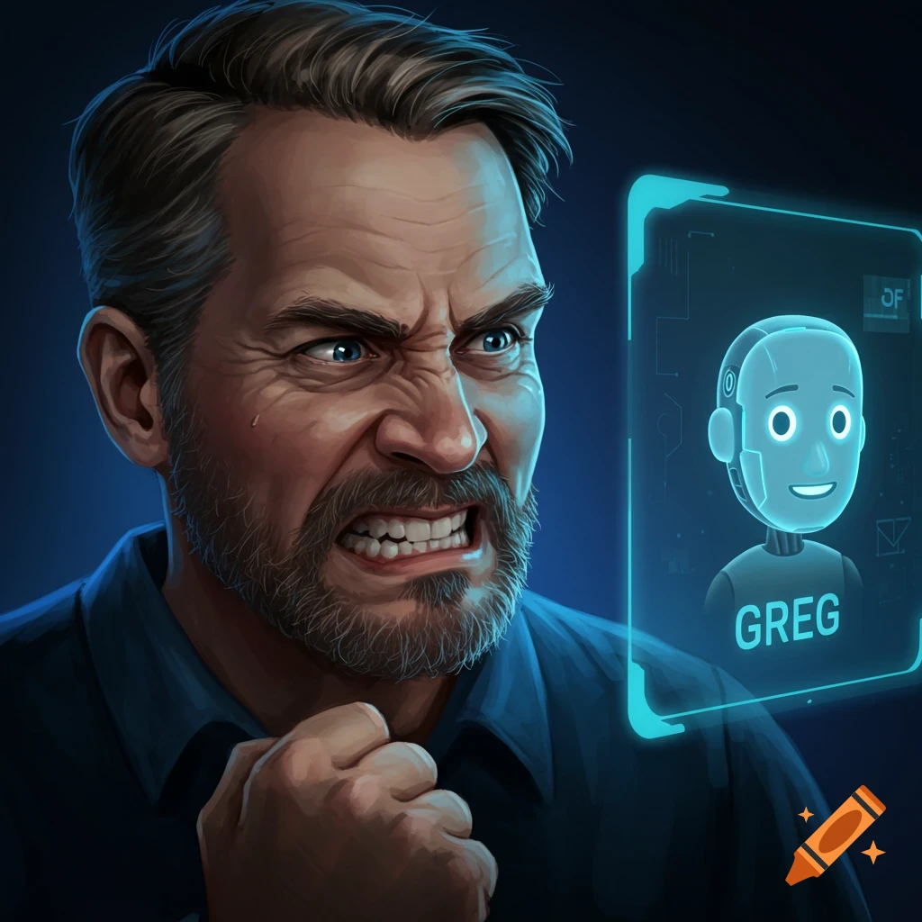 A man with an angry expression looks at a glowing interface that shows a robot named Greg.