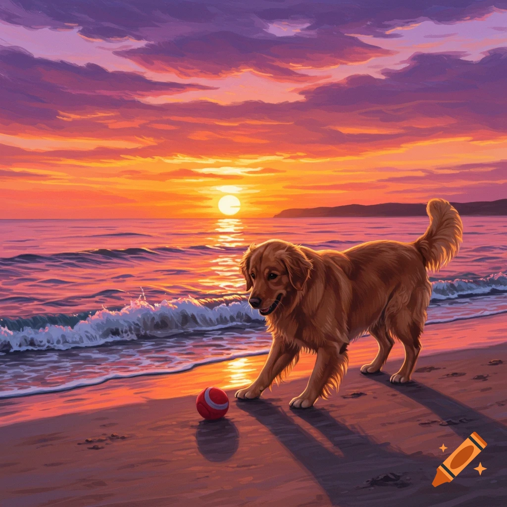 A Golden Retriever dog with a ball on a beach at sunset.