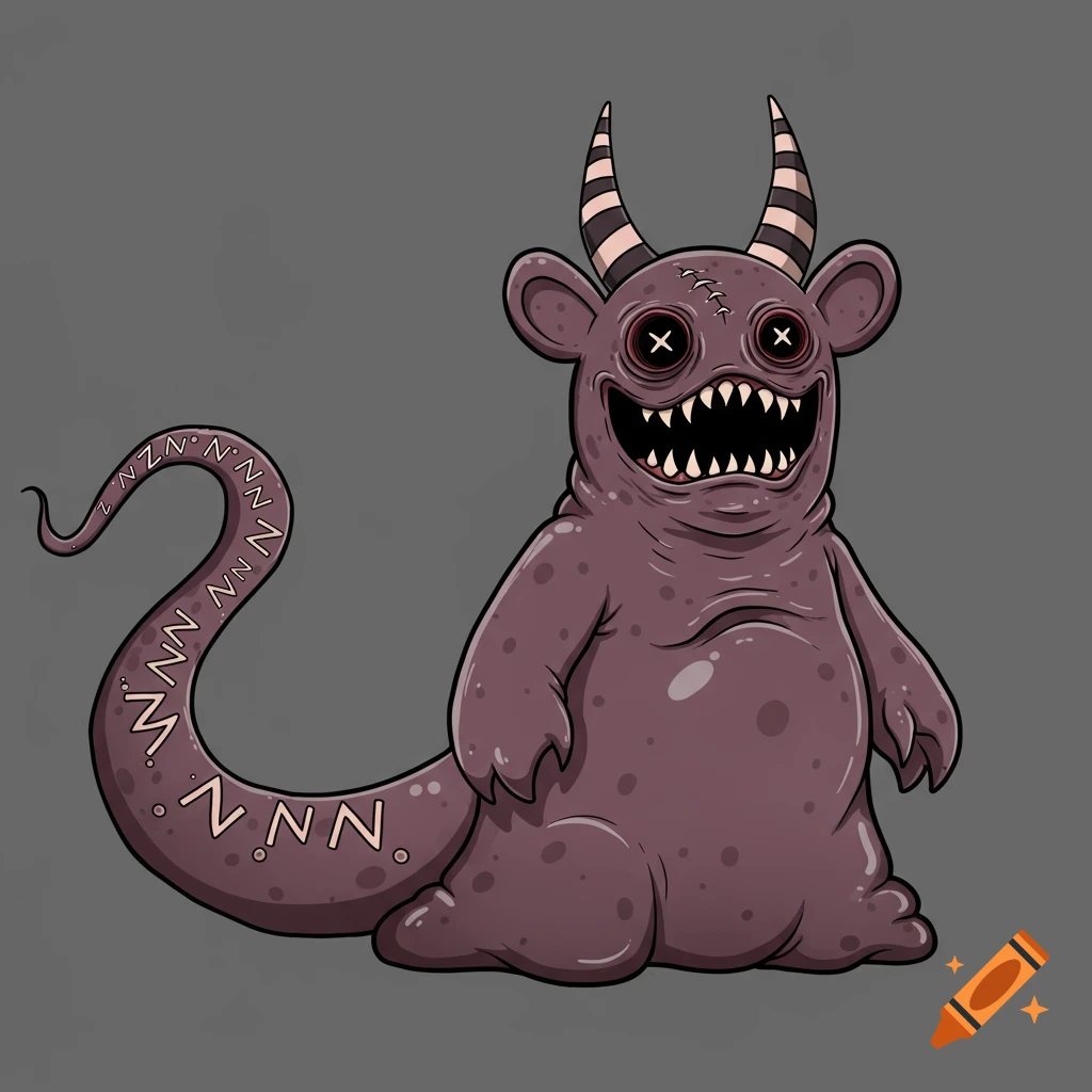 Purple cartoon monster with striped horns, X eyes, sharp teeth, and a tail with N and Z characters.