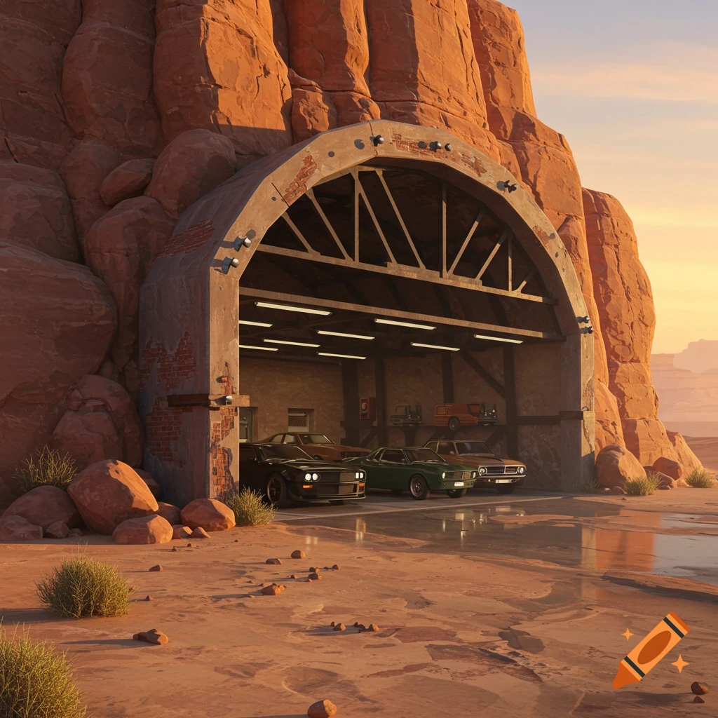 A car garage built into a desert mountain, showing several cars inside.