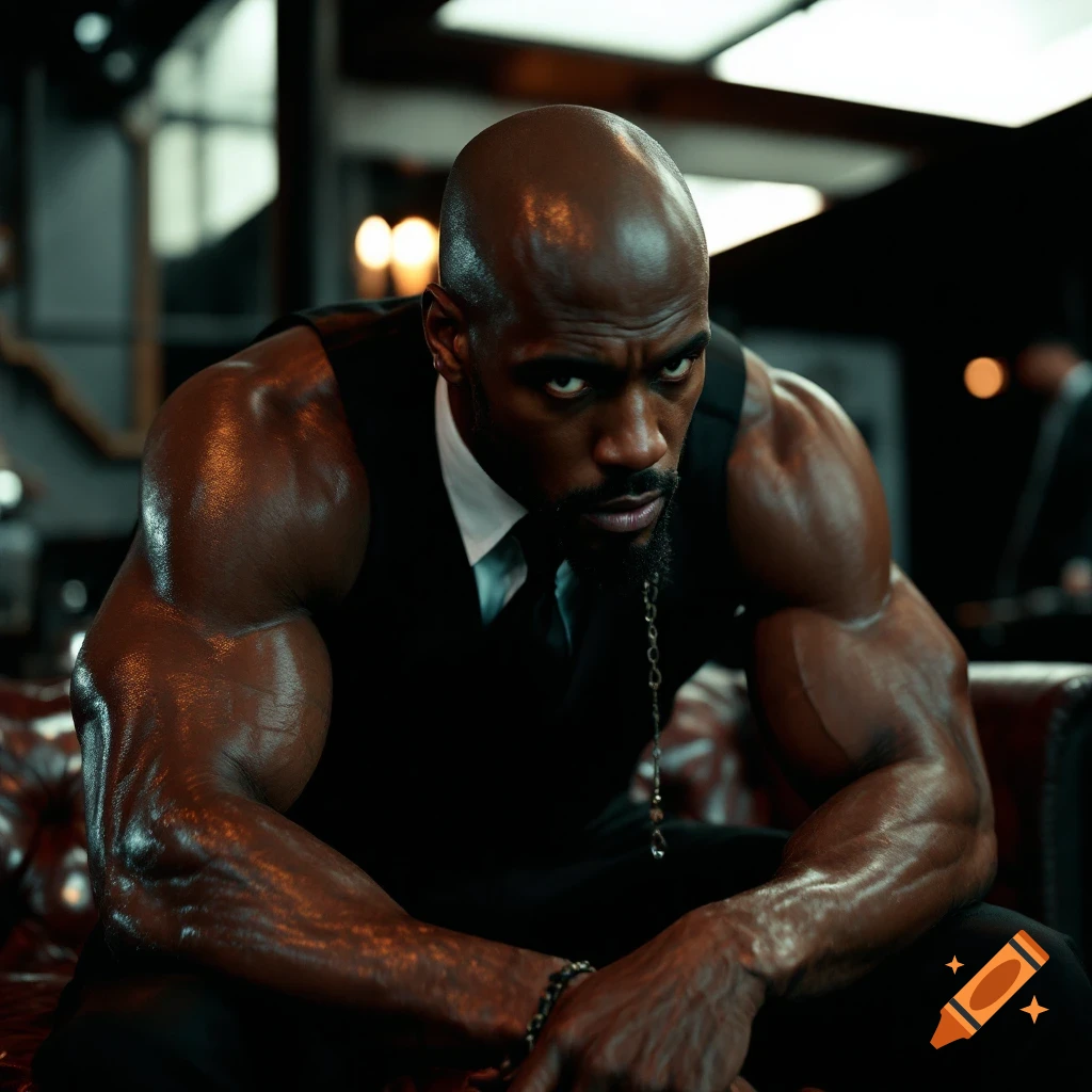 Bald, muscular Black man in a sleeveless suit and tie looks intensely at camera in a dimly lit room.